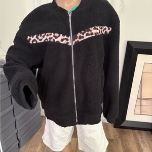 Black Teddy Jacket with Leopard Print Accent